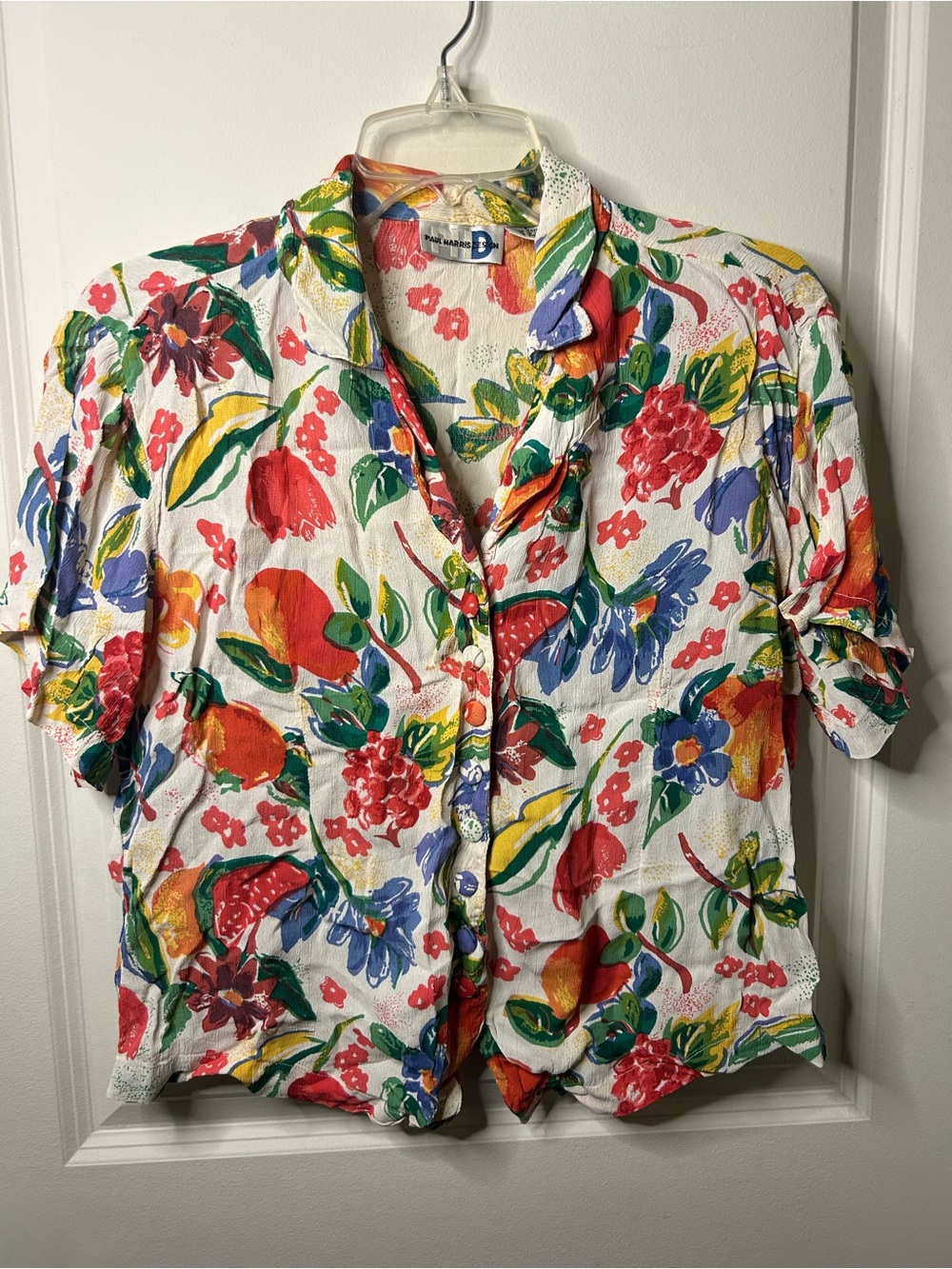 Paul Harris Design Vintage Floral Print Button Down Short Sleeve Rayon Size L
